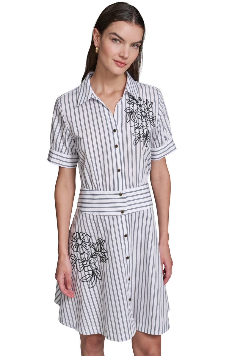 KARL LAGERFELD PARIS Floral Embroidery Detail Stripe Cotton Shirtdress, Alternate, color, Soft White/ Midnight Navy