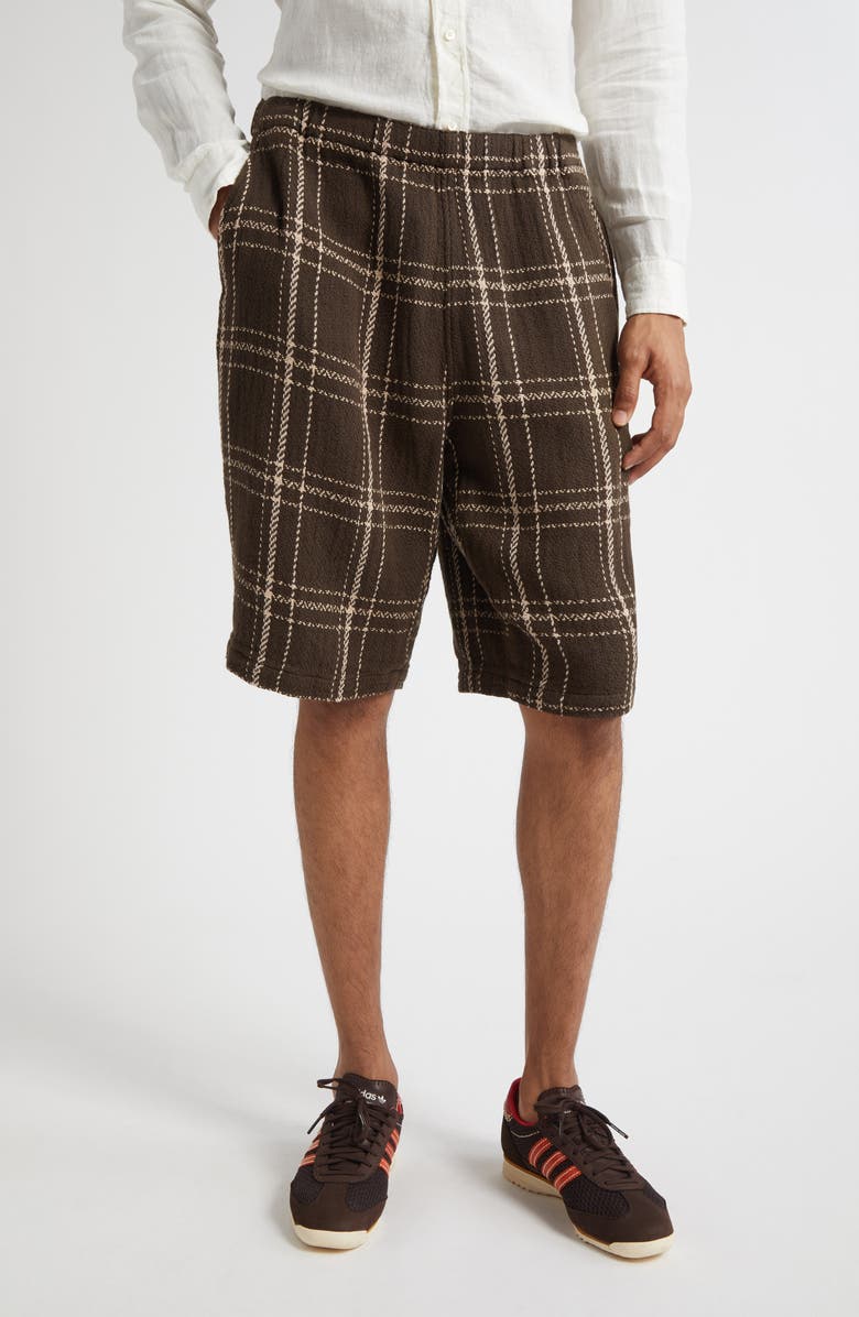BEAMS Plaid Loose Weave Cotton Drawstring Shorts, Main, color, 28 Brown