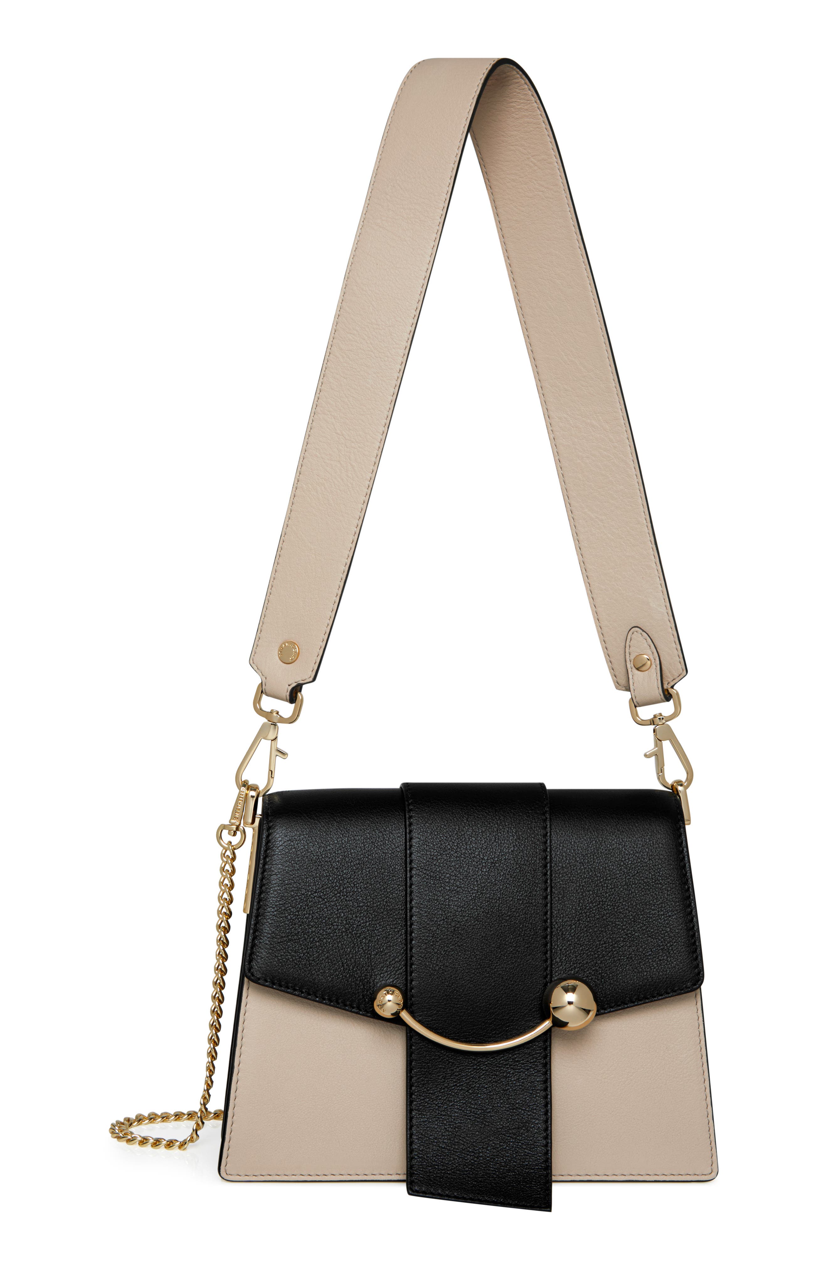 Strathberry Box Crescent Colorblock Leather Shoulder Bag in Black/Oat/Mushroom 