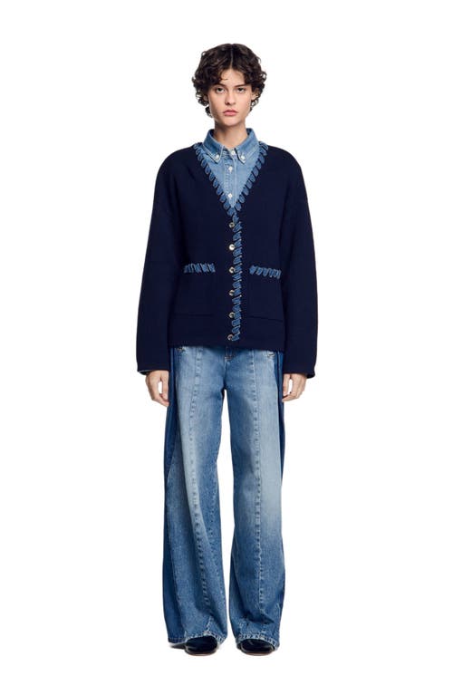 Shop Sandro Cardigan With Denim Details In Navy Blue