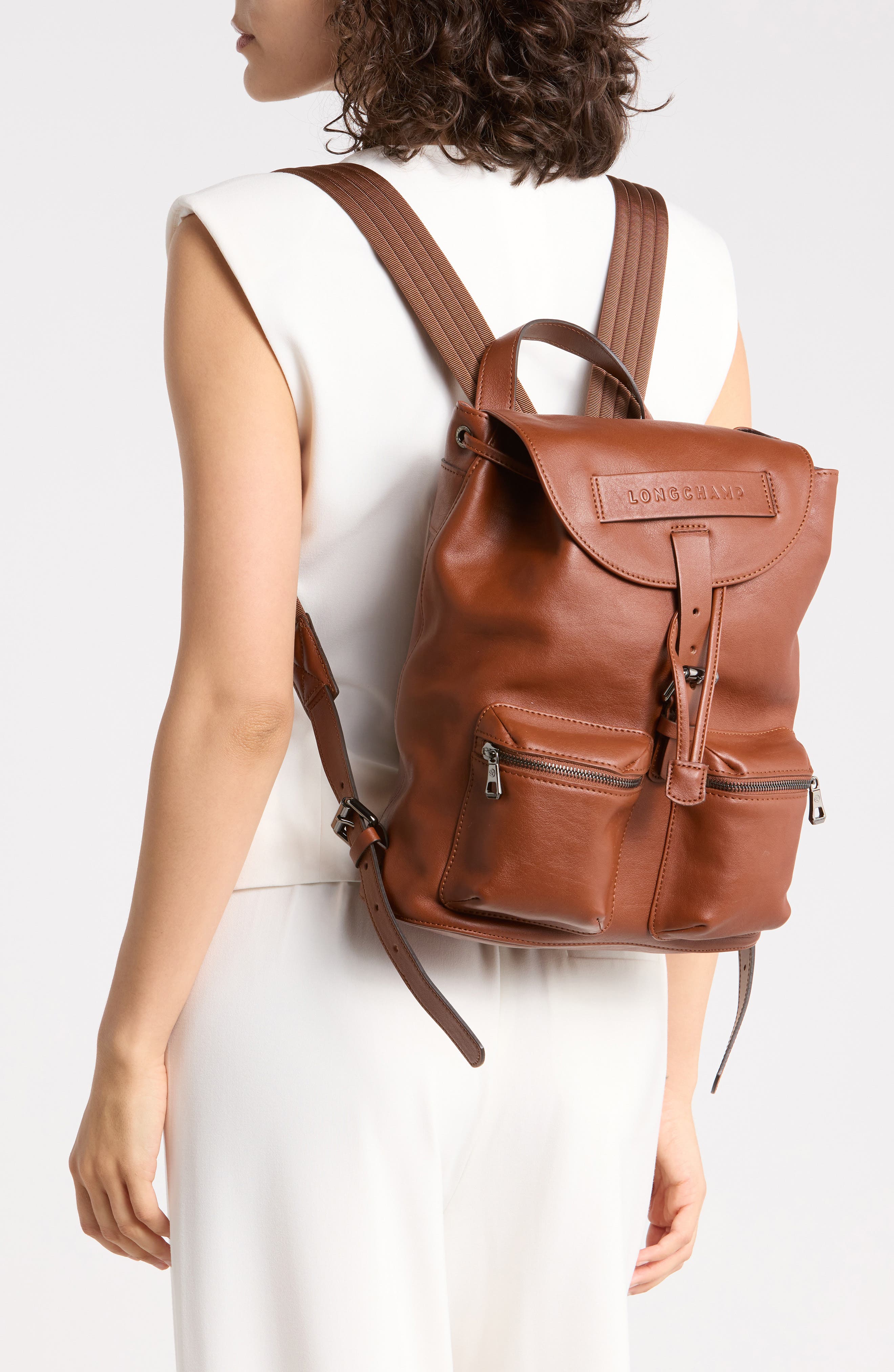 Small 3D Leather Backpack, Alternate, color, COGNAC