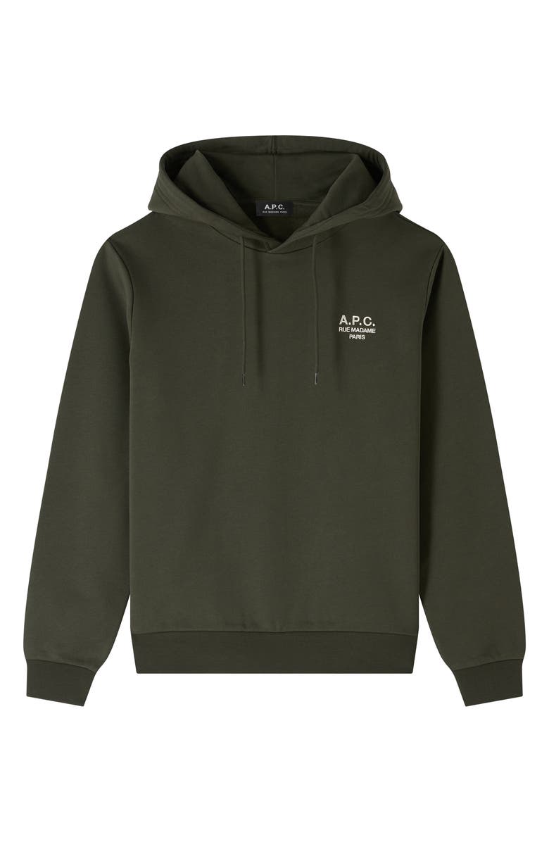 A.P.C. Rue Madame Embroidered Stretch Cotton Hoodie, Alternate, color, Tjk Military Kaki/Ecru