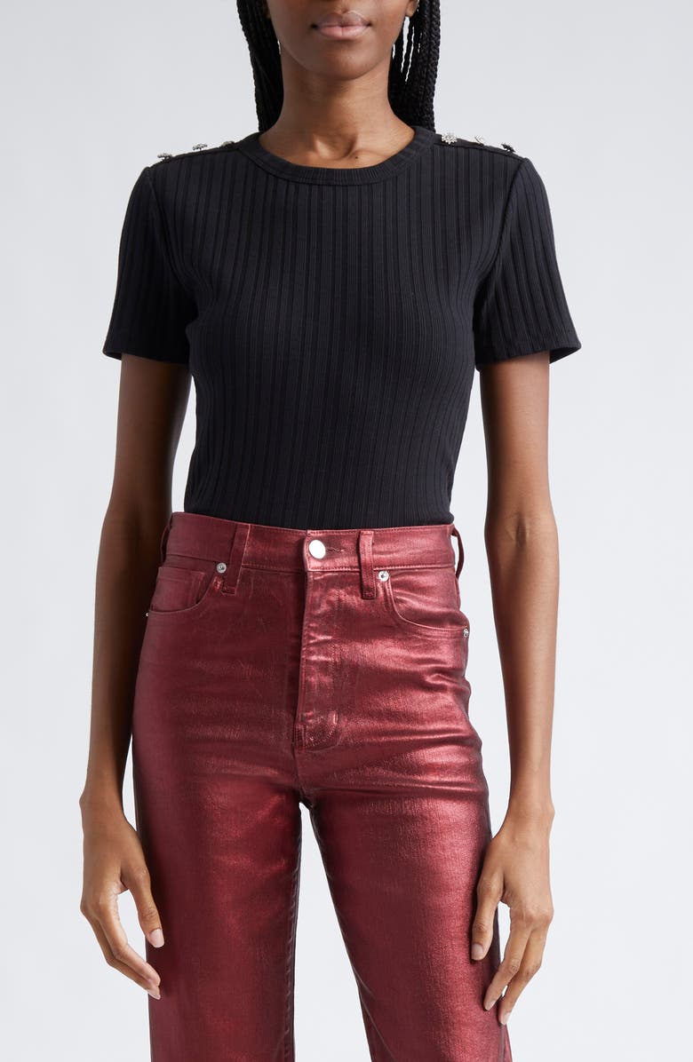 Veronica Beard Draya Rhinestone Button Detail Rib Stretch Cotton Top, Main, color, Black