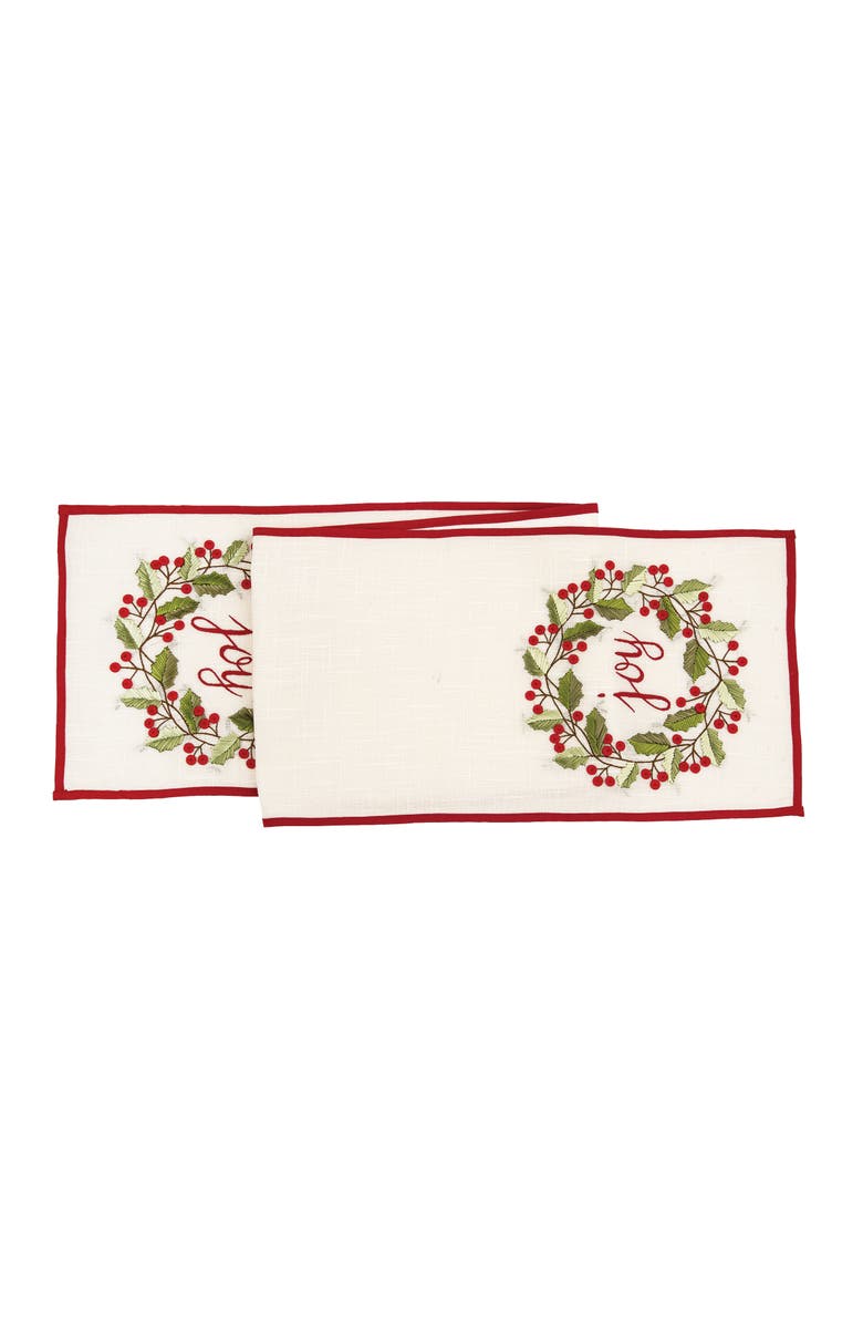 C&F Home "Joy" Holly Berries Wreath Vintage Embroidered Christmas Table Runner 14" x 72", Main, color, Beige