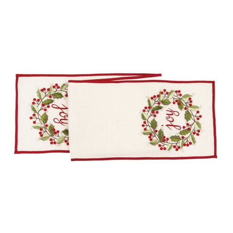 "Joy" Holly Berries Wreath Vintage Embroidered Christmas Table Runner 14" x 72"