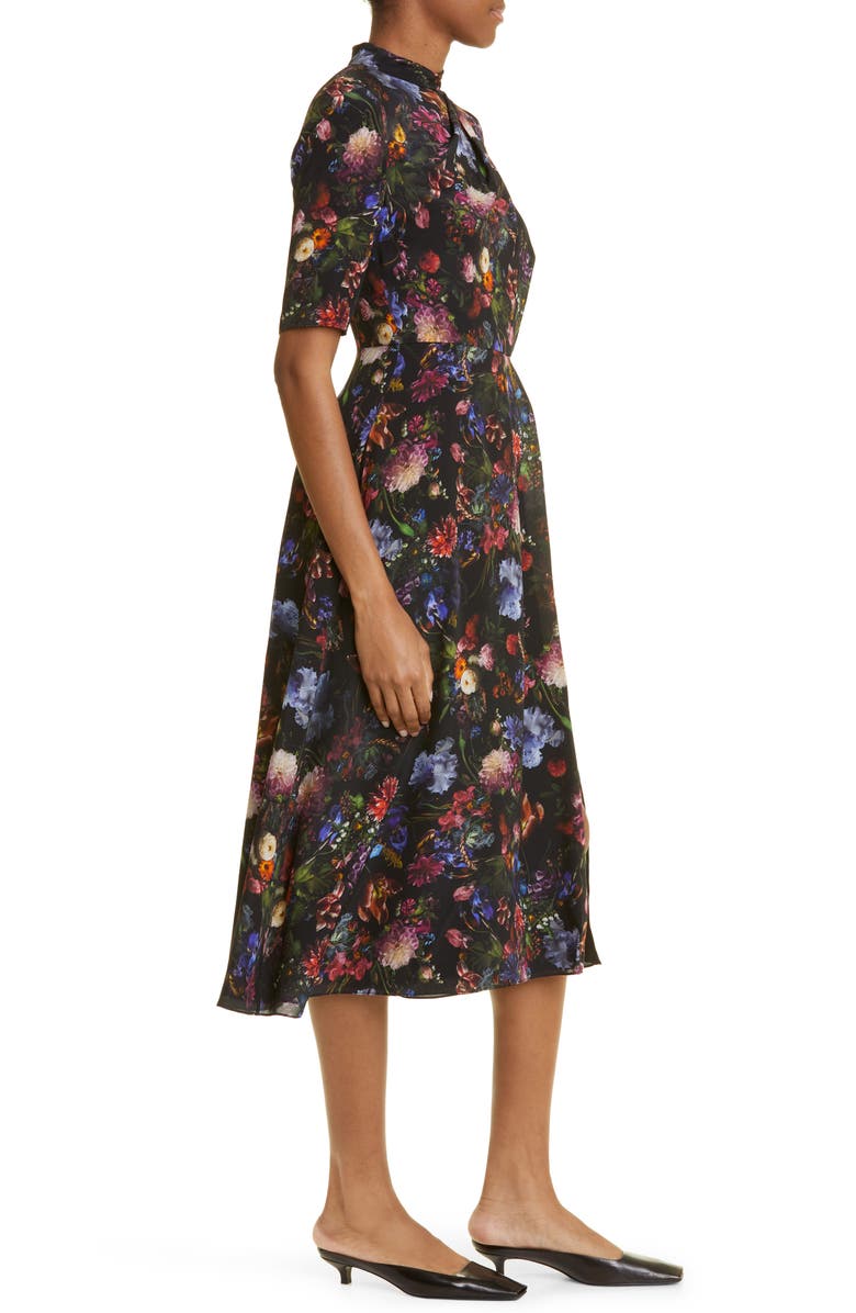 Adam Lippes Floral Print Pleated Neck Silk Dress, Alternate, color, 