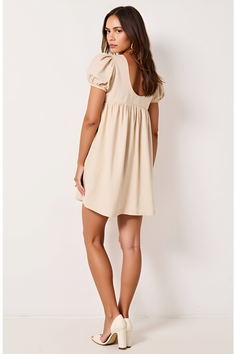Puff Sleeve Mini Dress with Bow Detail, Alternate, color, Beige