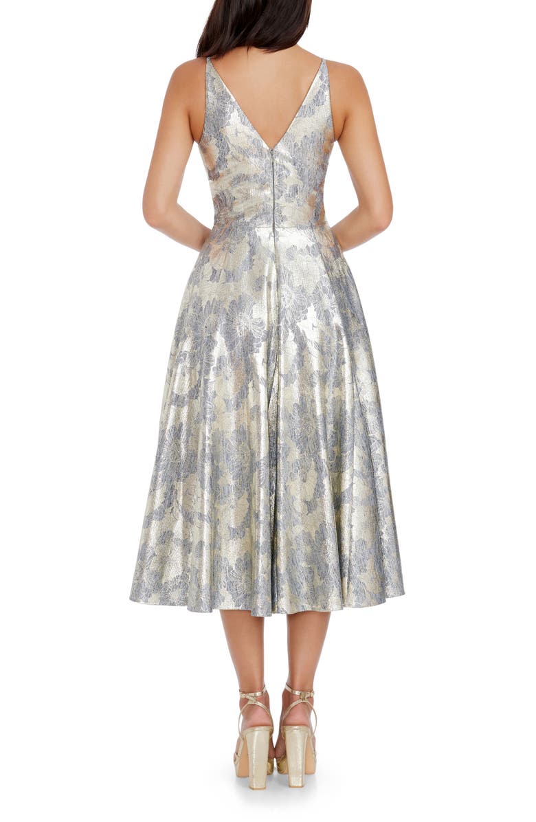 Dress the Population Delilah Metallic Floral Fit & Flare Midi Dress, Alternate, color, Pewter Multi