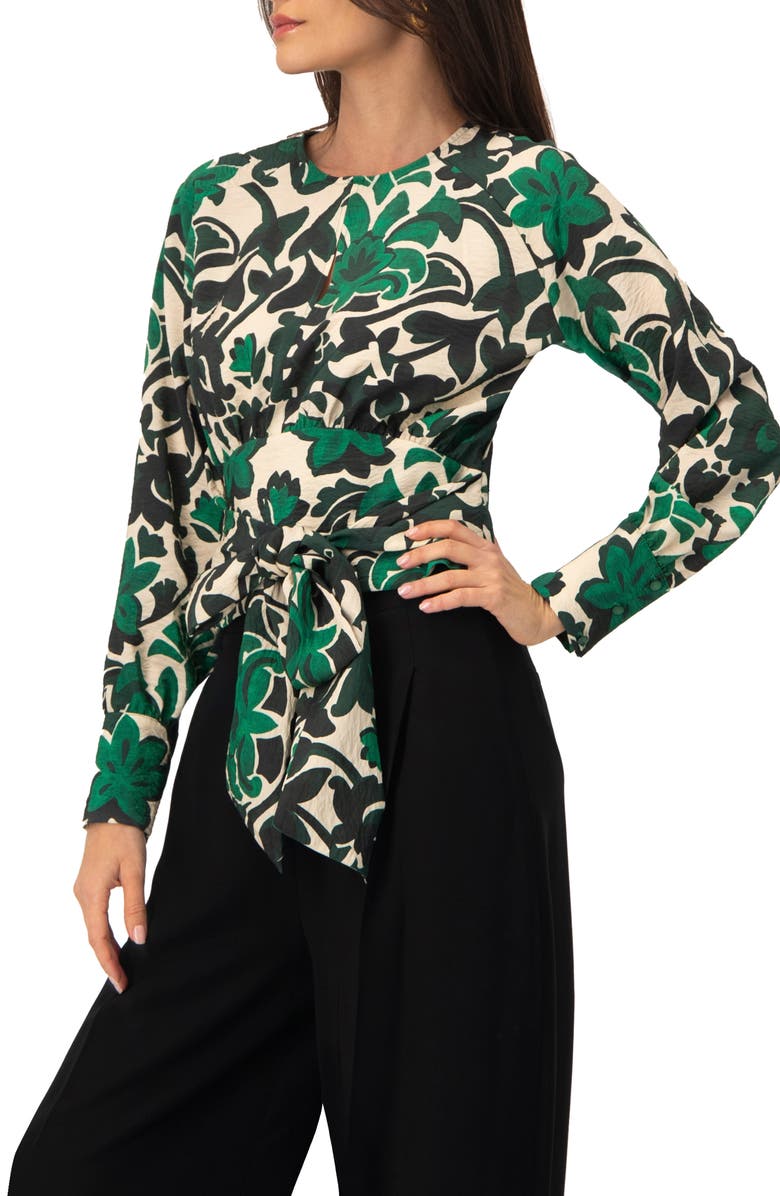 IVONNE Floral Print Blouse with Waist Tie and Keyhole Neckline, Alternate, color, Green