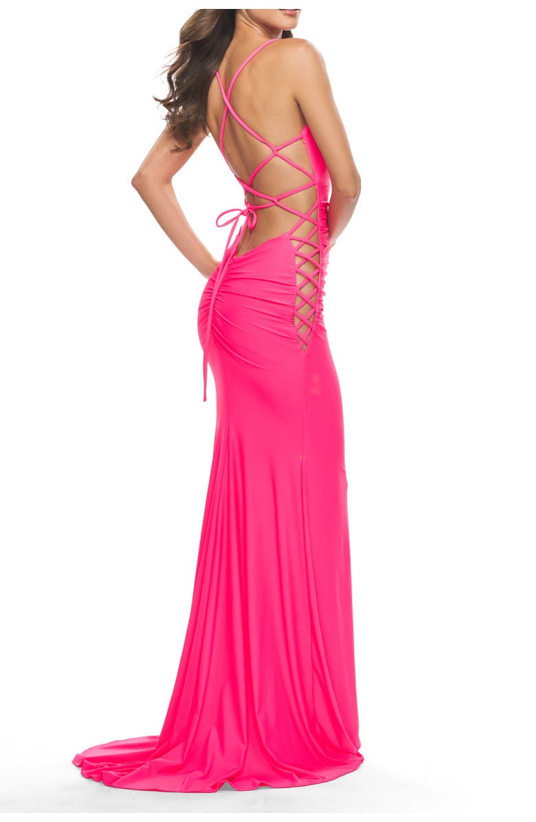 La Femme Unique Jersey Dress with Open Criss Cross Sides in Neon, Alternate, color, Neon Pink
