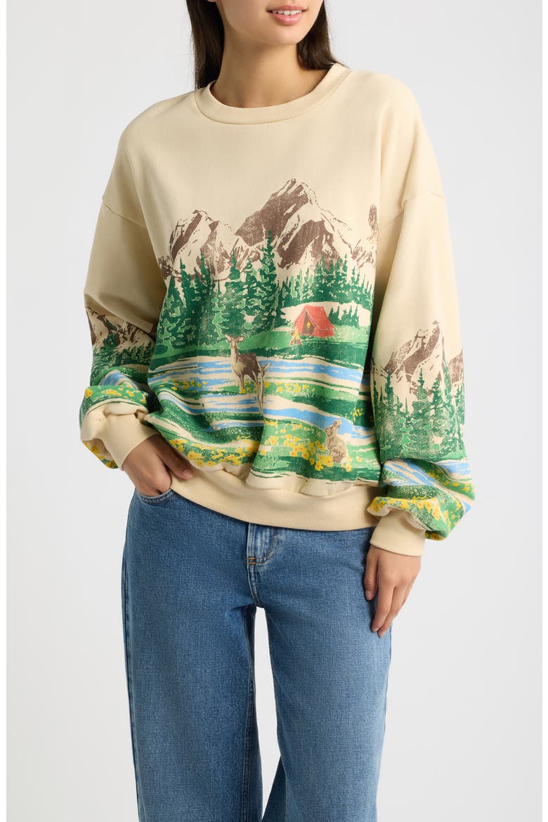 Campsite Scene Graphic Oversized Sweatshirt, Main, color, SAND