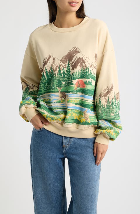 Campsite Scene Graphic Oversized Sweatshirt