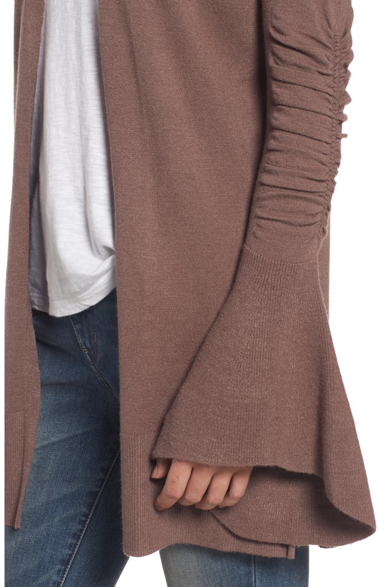 Ruched Bell Sleeve Cardigan, Alternate, color, BROWN TAUPE