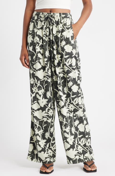 Mono Floral Wide Leg Drawstring Pants