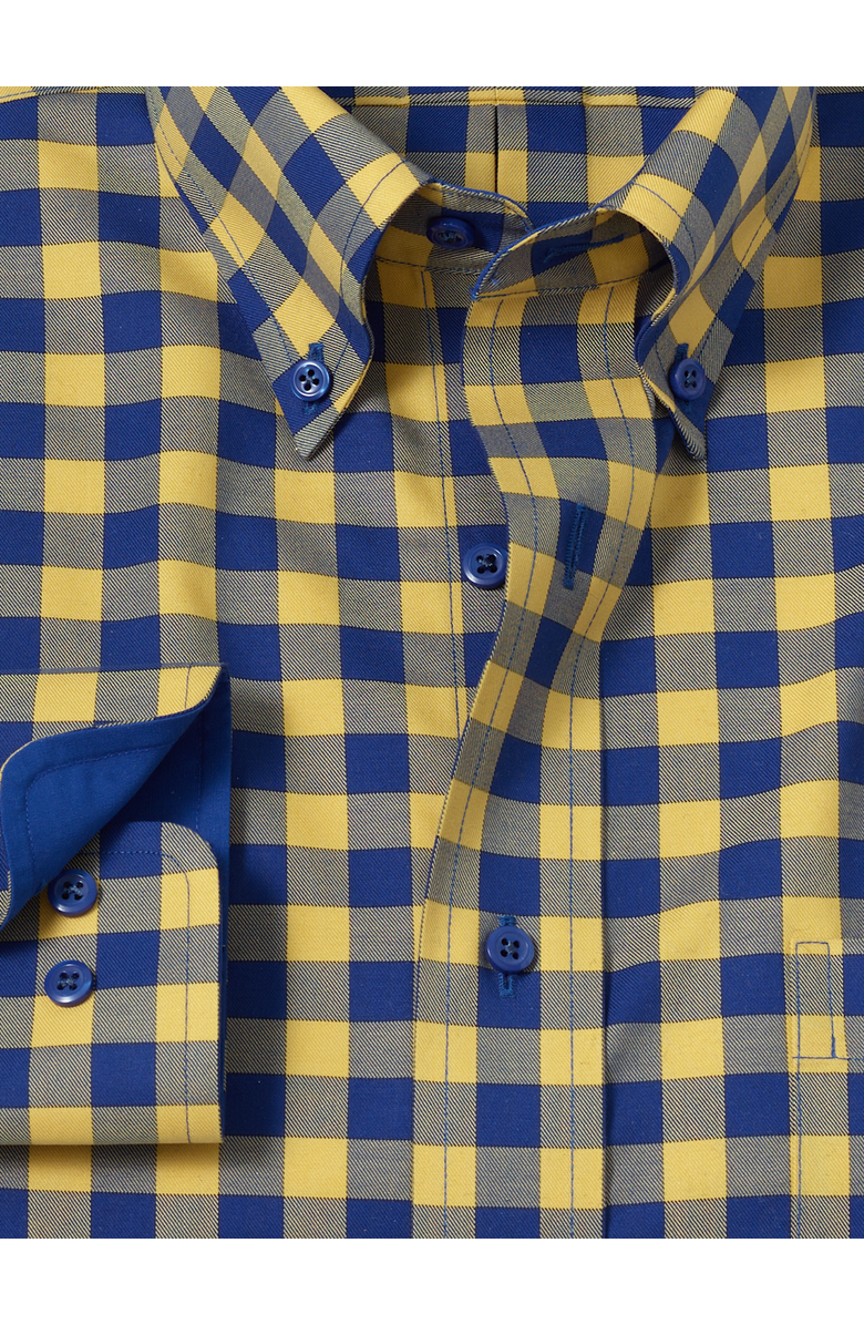 Paul Fredrick Tailored Fit Non-Iron Cotton Gingham Dress Shirt with Contrast Trim, Alternate, color, Blue/Yellow
