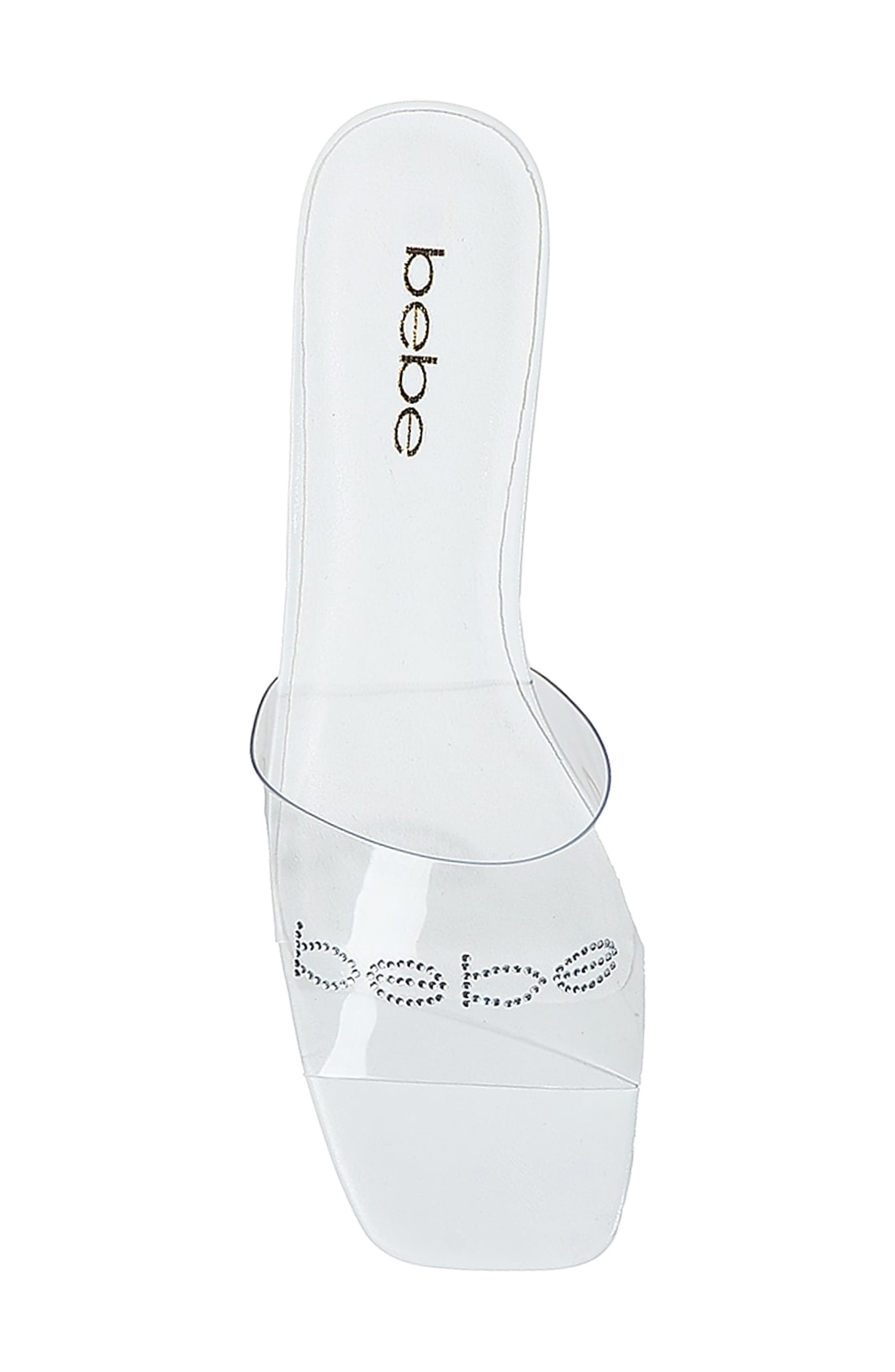 bebe Rhinestone Logo Clear Slide Sandal, Alternate, color, 