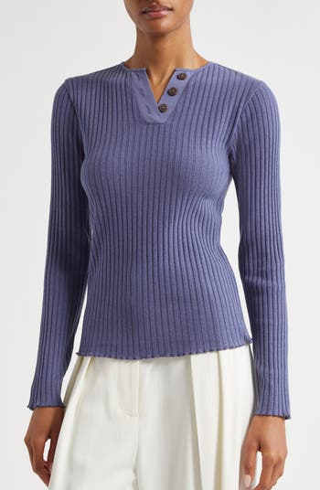 Cotton Blend Rib Henley Sweater