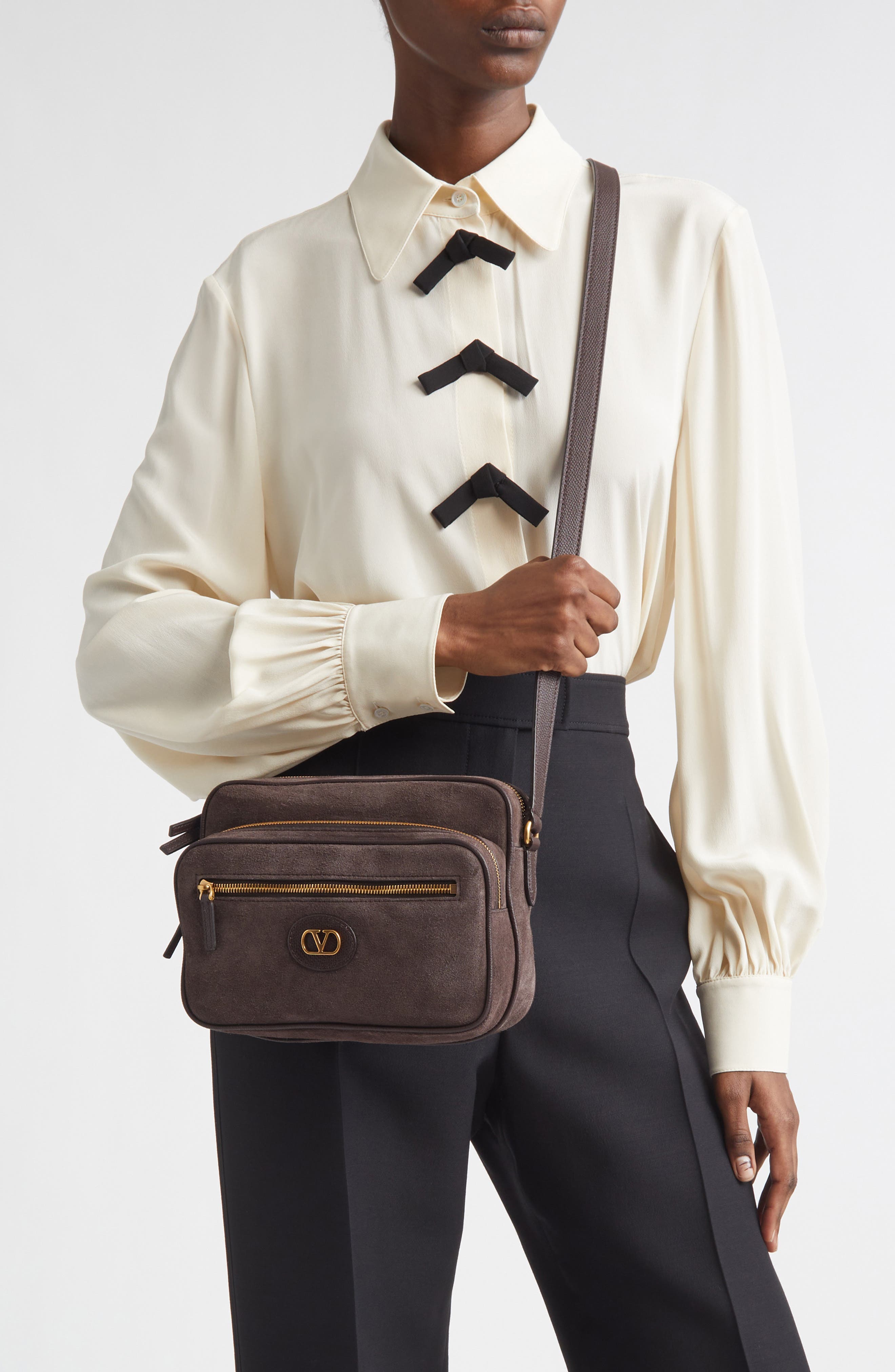 Valentino Antibes Suede Camera Bag, Alternate, color, Brown