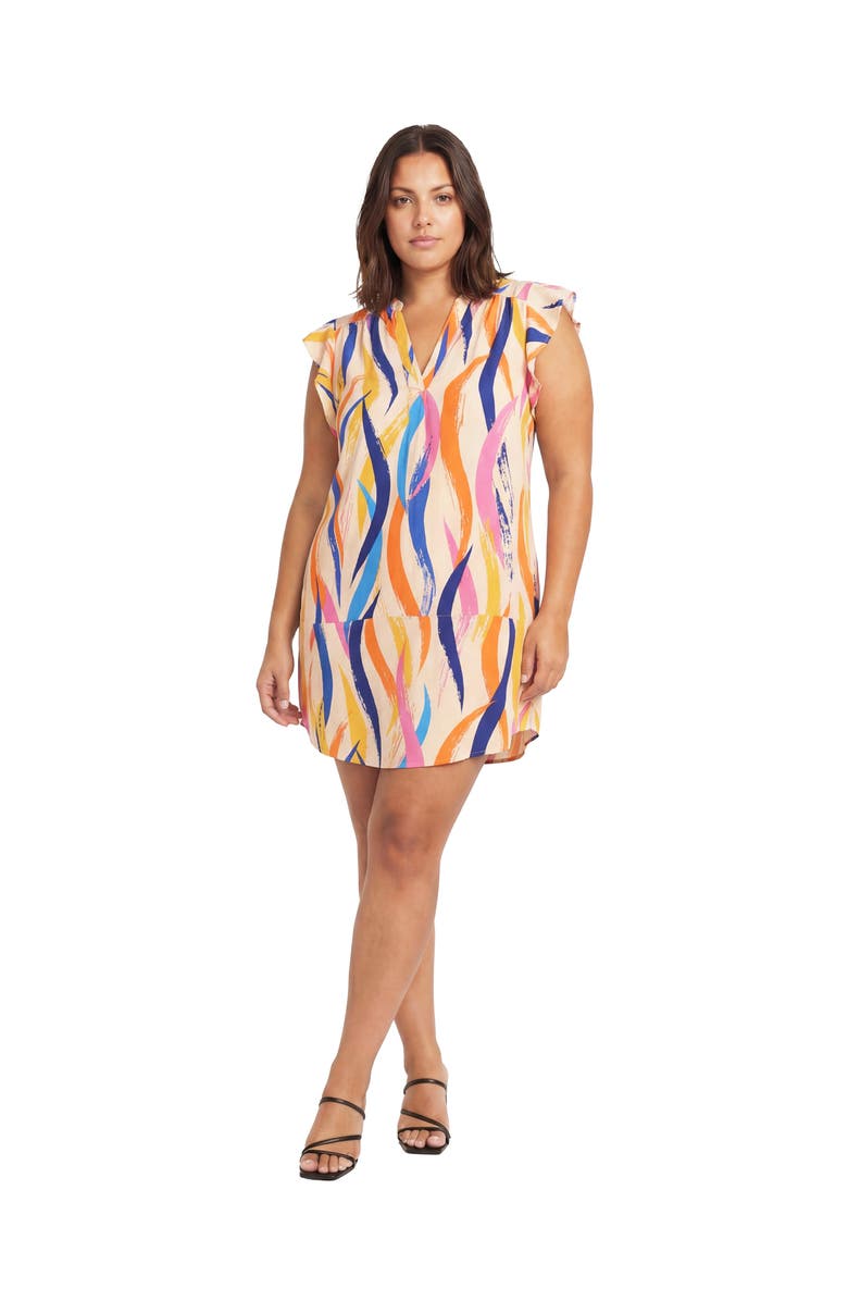 24seven Comfort Apparel Curvy Essential Abstract Print V-Neck Round Hem Mini Pocket Shift Dress, Main, color, Orange Multi