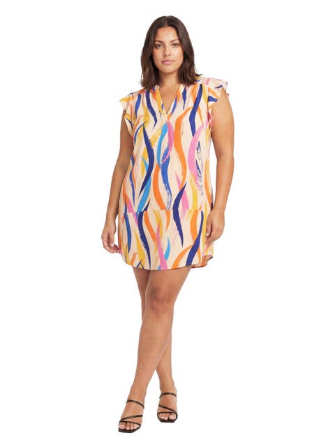 Curvy Essential Abstract Print V-Neck Round Hem Mini Pocket Shift Dress