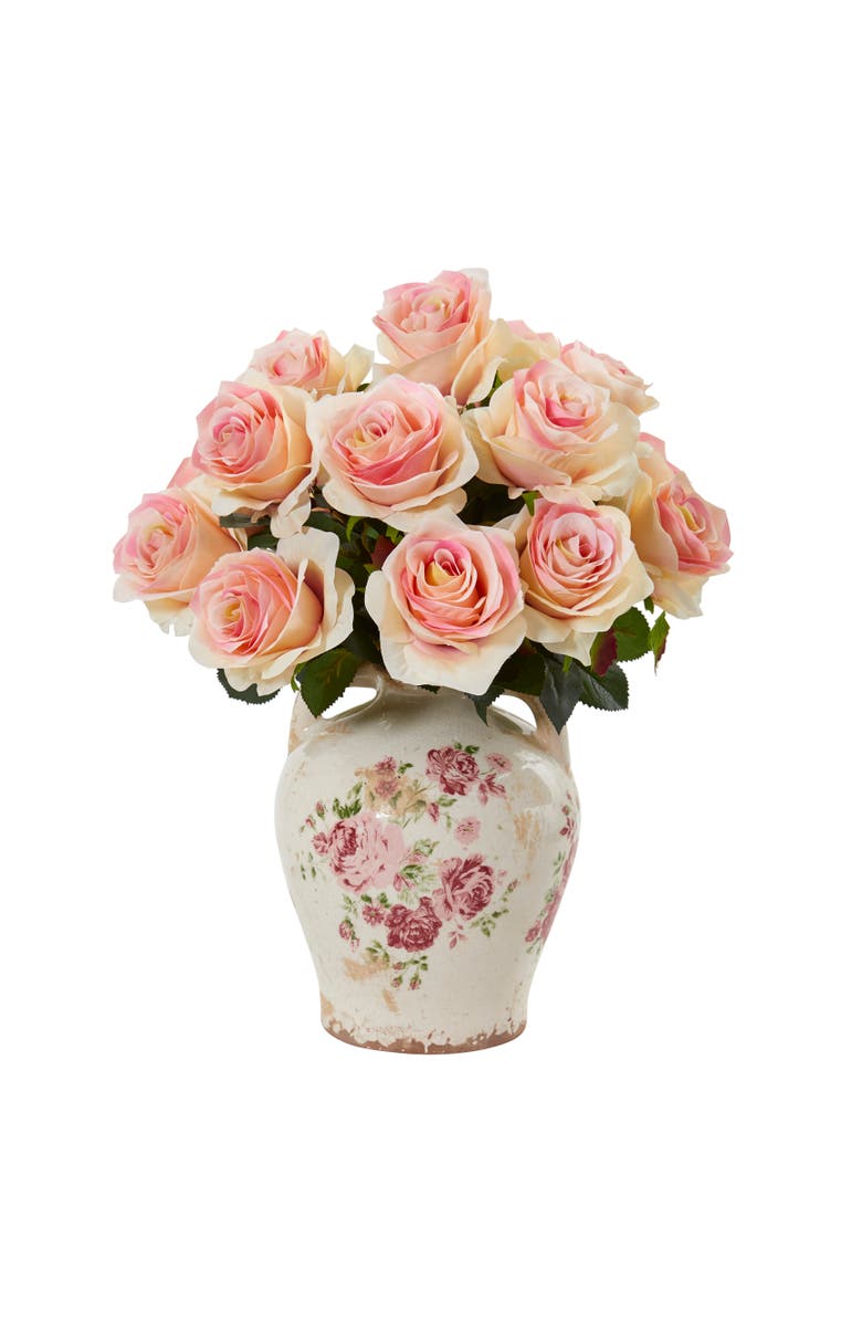 NEARLY NATURAL Rose Artificial Arrangement in Flower Print Jar, Main, color, Light Pink