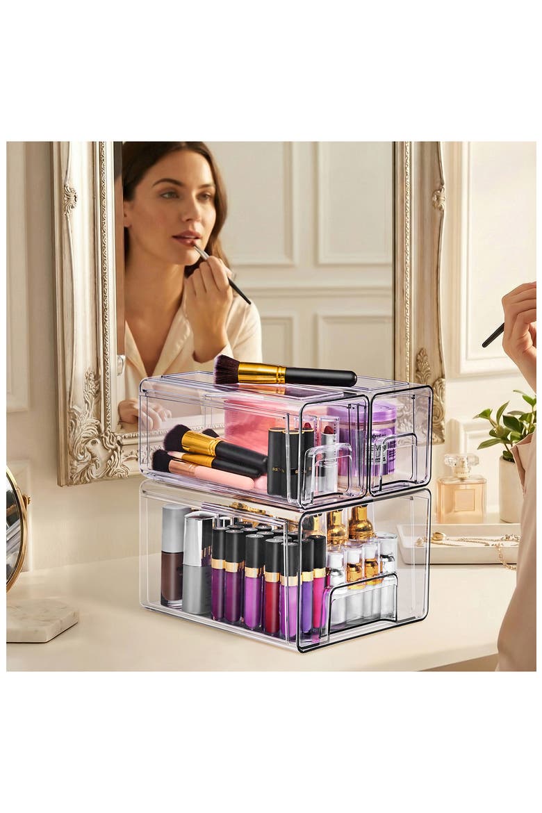 3-Piece Clear Stackable Storage Drawer Set, Alternate, color, CLEAR