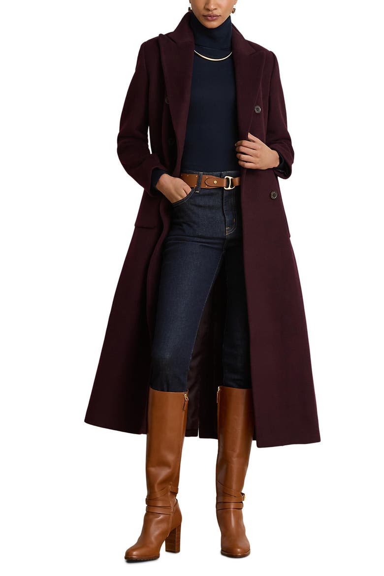 Double Breasted Longline Wool Blend Coat, Main, color, PINOT NOIR