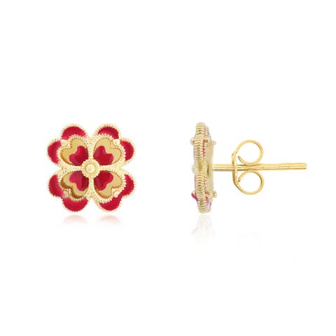 Dark Red Enamel and Gold Clover Earrings