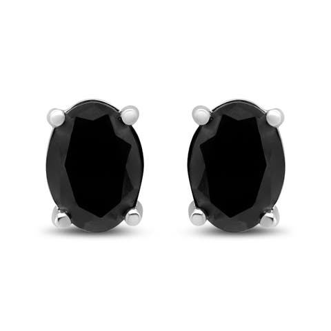 Silver 2.0 Ct Prong Black Oval Diamond Stud Earring