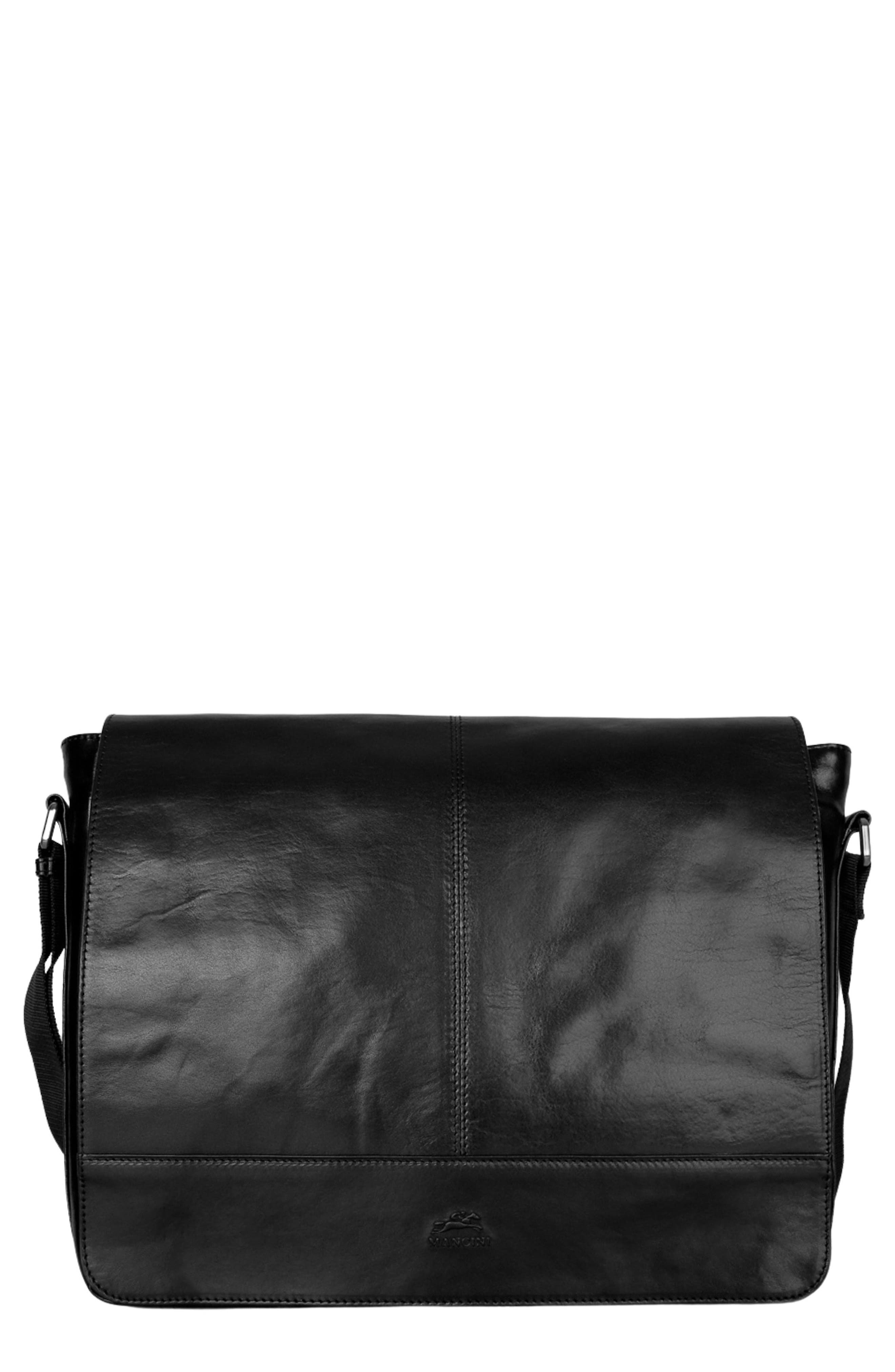 Leather Messenger Bag, Main, color, BLACK