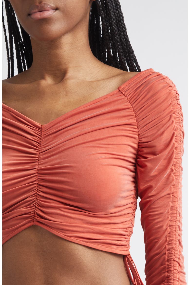 Crop Long Sleeve Ruched Jersey Top, Alternate, color, 3GM DARK RED