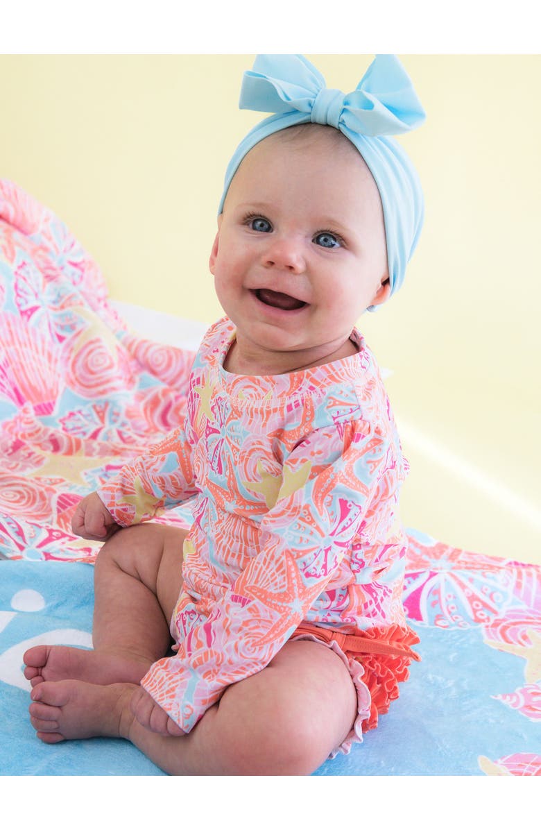 RuffleButts Baby Girls Tropical Long Sleeve UPF50+ One Piece Rash Guard, Alternate, color, Sunset Seashells