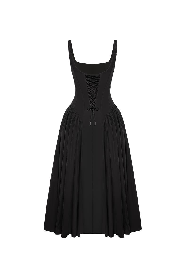 Structured Corset Midi Formal Occasion Dress in Black, Alternate, color, Black