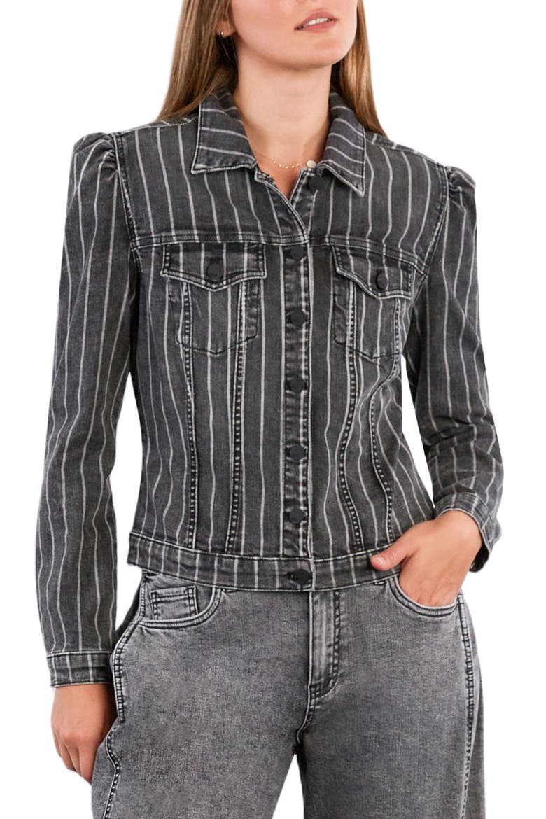 Luna Puff Shoulder Denim Jacket, Main, color, GREY DENIM STRIPE