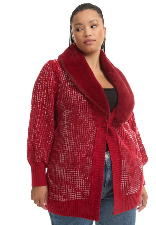 June + Vie Sequin Button-up Sweater In Red