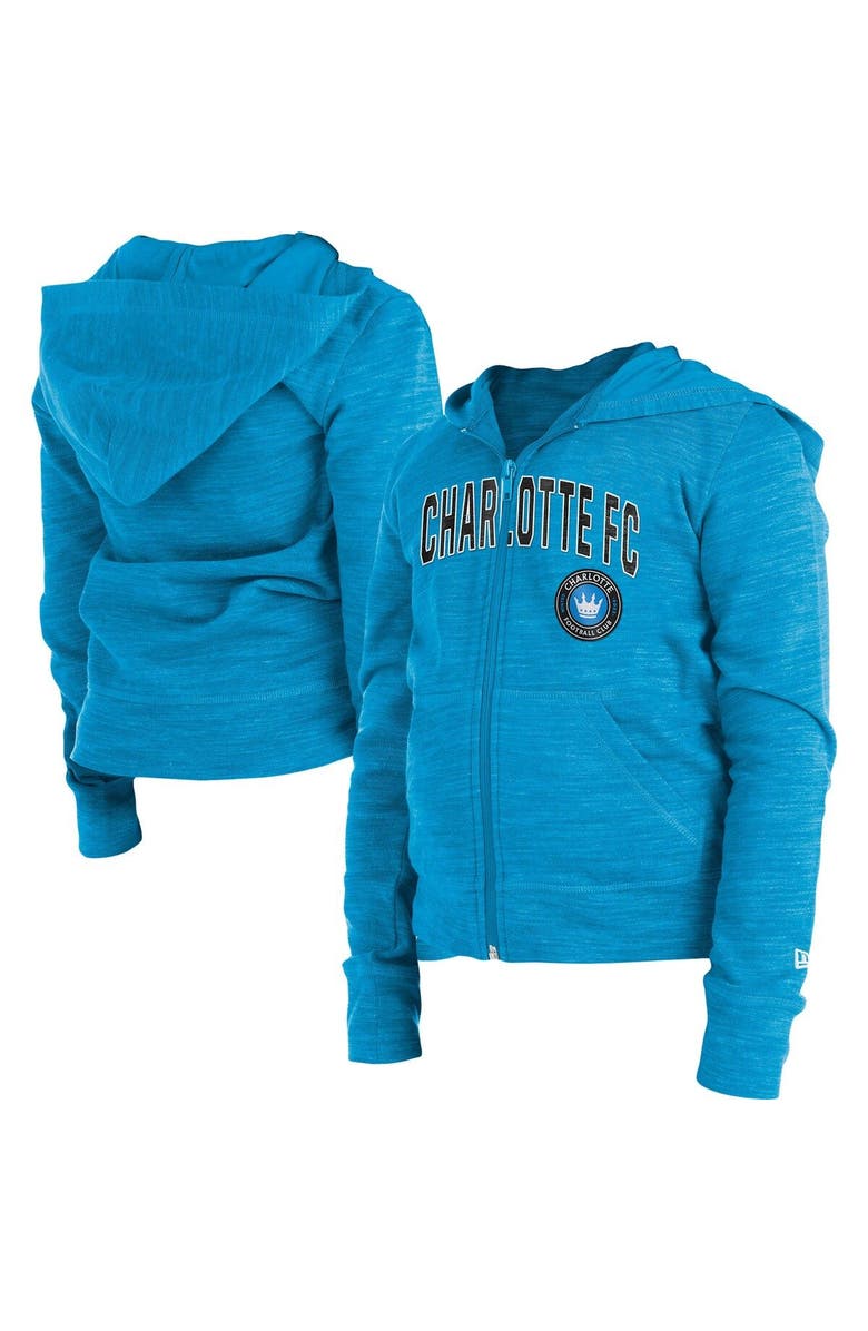 New Era Girls Youth New Era Blue Charlotte FC Space-Dye Full-Zip Hoodie, Main, color, 