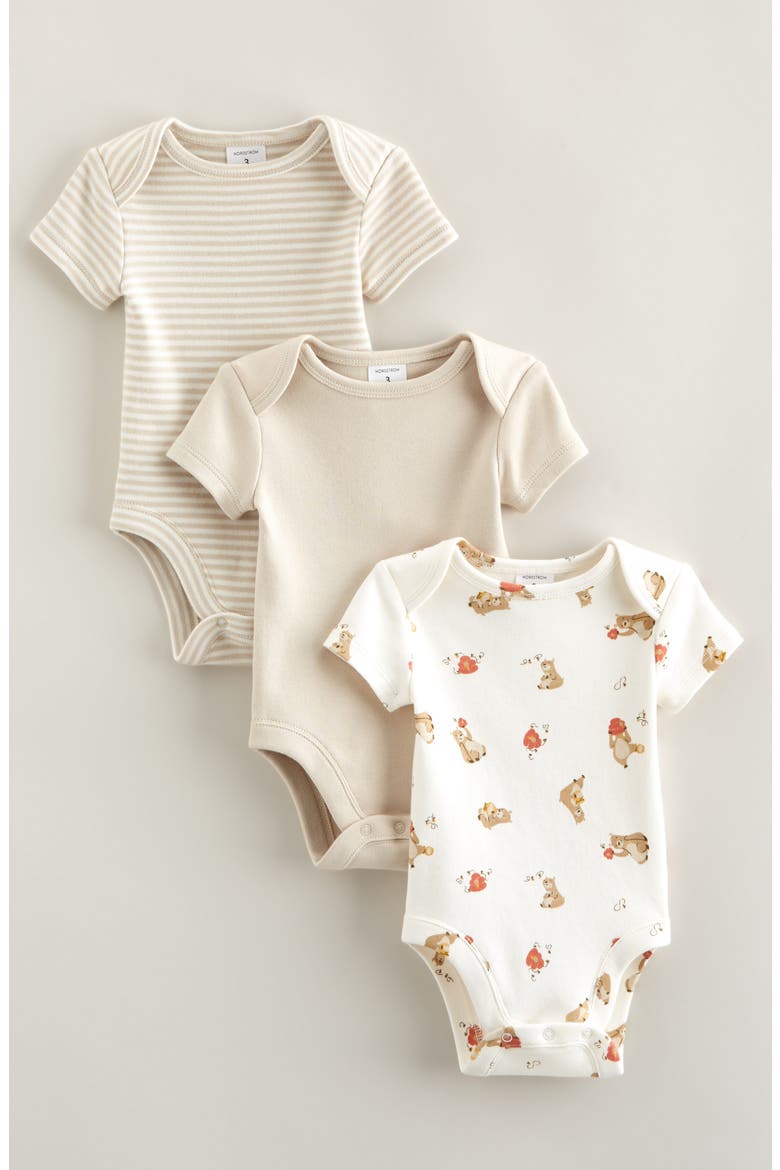 Assorted 3-Pack Cotton Bodysuits, Main, color, BEIGE OATMEAL HONEY BEAR SET