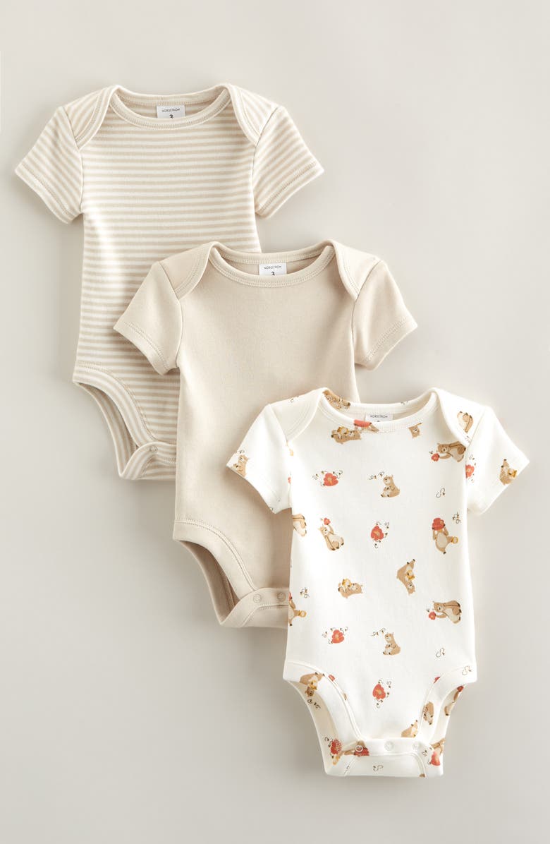 Nordstrom Assorted 3-Pack Cotton Bodysuits, Main, color, Beige Oatmeal Honey Bear Set