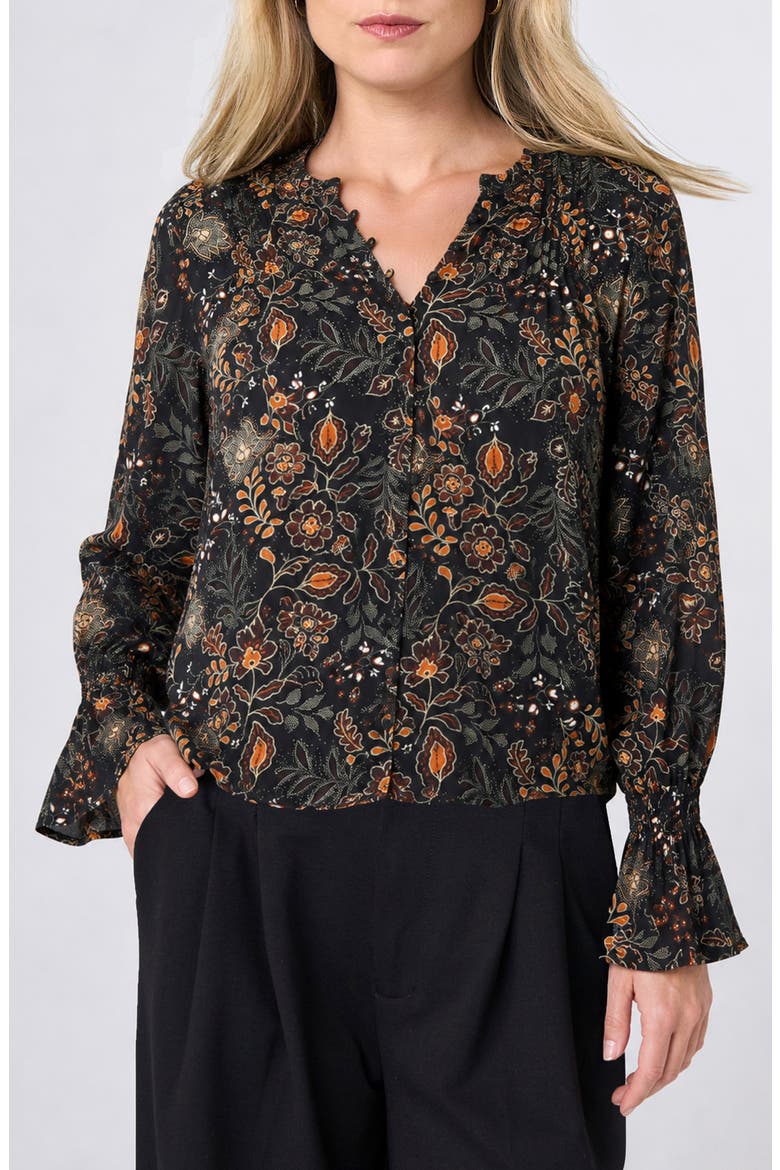 Floral Pintuck Detail Sateen Top, Main, color, BLK/ RUST MULTI