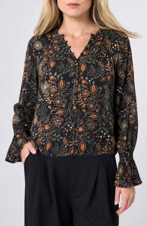 Floral Pintuck Detail Sateen Top
