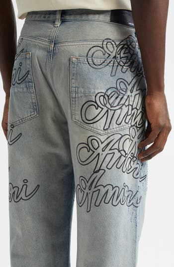 Script Distressed Straight Leg Jeans