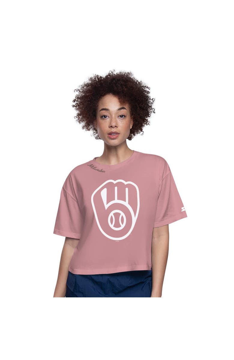 STARTER Women's Starter Pink Milwaukee Brewers Play the Ball Boxy Cropped T-Shirt, Alternate, color, Pink