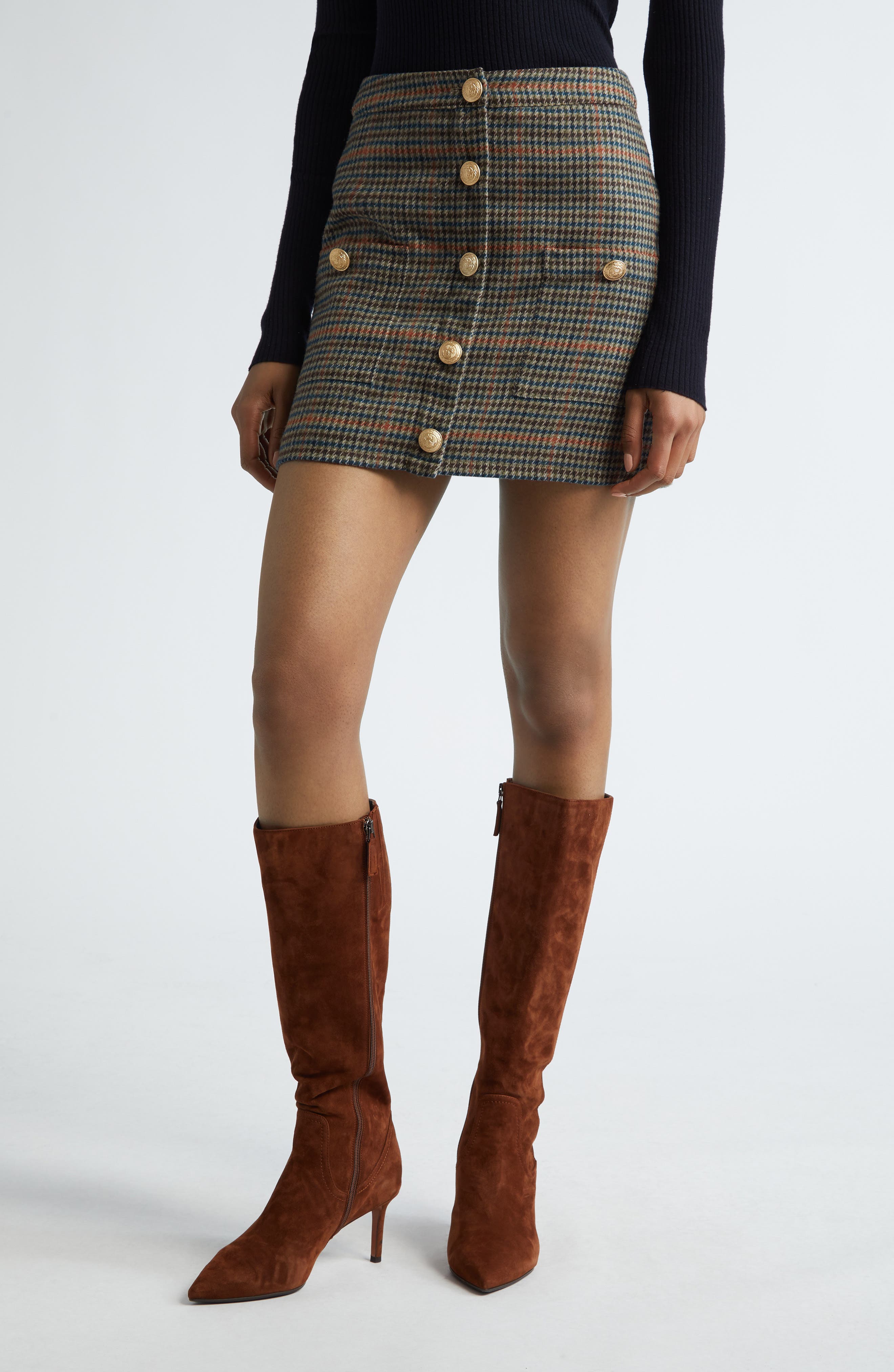 L'AGENCE Zander Plaid Button Front Miniskirt