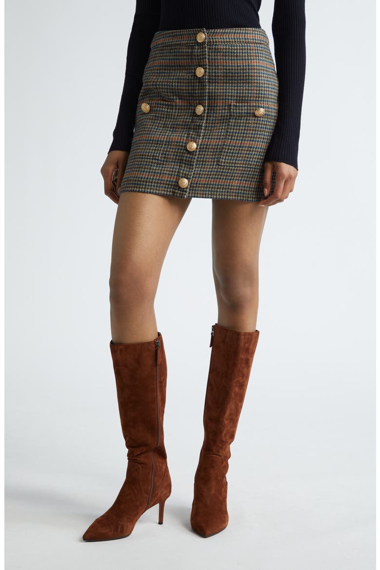 Zander Plaid Button Front Miniskirt, Main, color, TAN/ TEAL PLAID