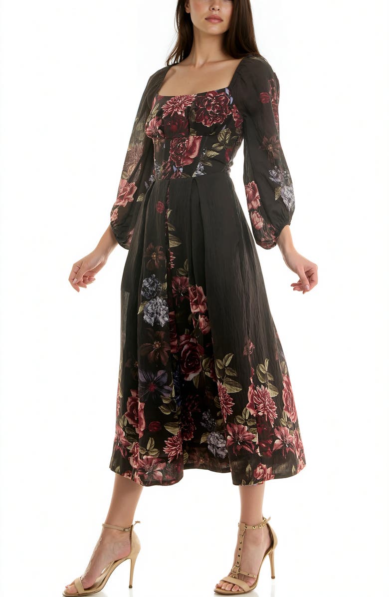 Socialite Long Sleeve Smocked Back Panel Midi Dress, Alternate, color, Black/ Wine