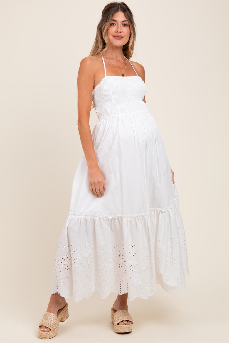 Smocked Open Back Lace Hem Maxi Dress, Alternate, color, White