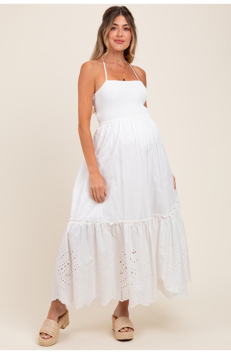 PinkBlush Smocked Open Back Lace Hem Maxi Dress, Alternate, color, White