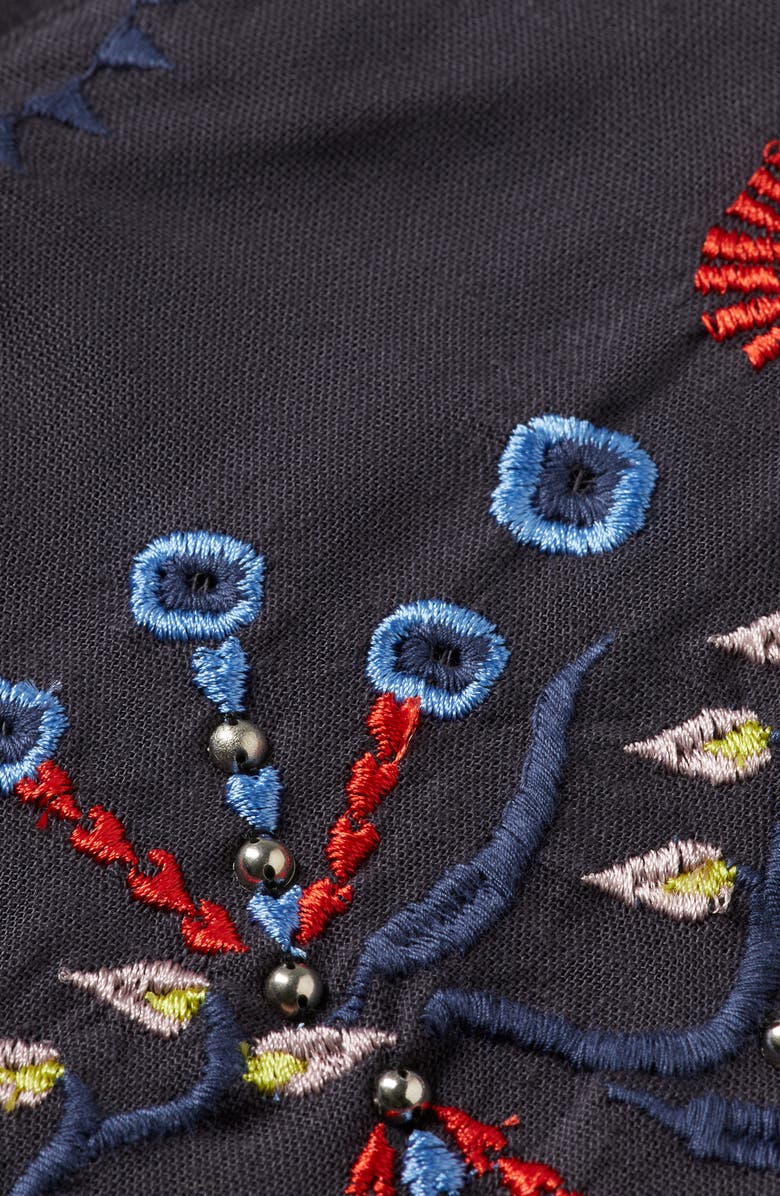 Scotch & Soda Embroidered Puff Sleeve Tiered Cotton & Linen Maxi Dress, Alternate, color, Charcoal Art