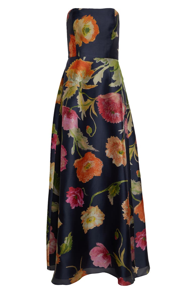 Poppy Print Strapless Silk Gown, Alternate, color, MIDNIGHT MULTI