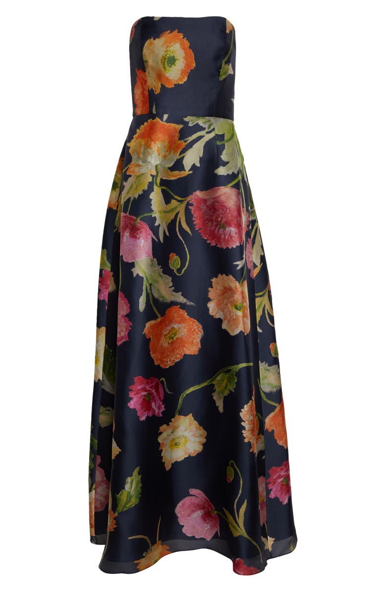Carolina Herrera Poppy Print Strapless Silk Gown, Main, color, 